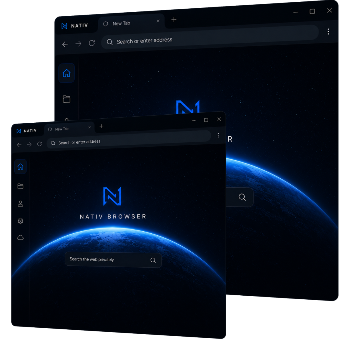 Десктоп-приложение Nativ Browser — новая вкладка с приватной строкой поиска над горизонтом Земли.